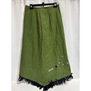 Vintage Skirt Womens 28 Green Floral Embroidered Fringe Boho Split Y2K